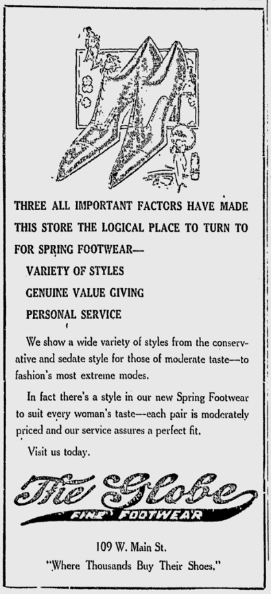 Advertisement for Globe Shoe Store, 1920. Reprinted from the Spartanburg Herald-Journal, March 9, 1920