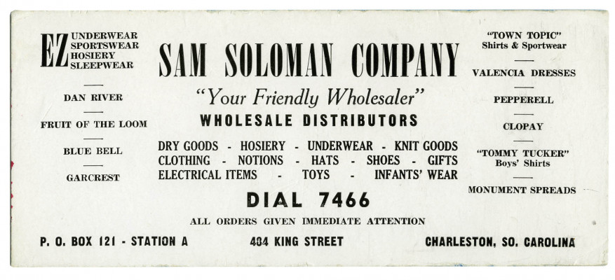 Sam Solomon business card. Courtesy of Special Collections, College of Charleston Libraries